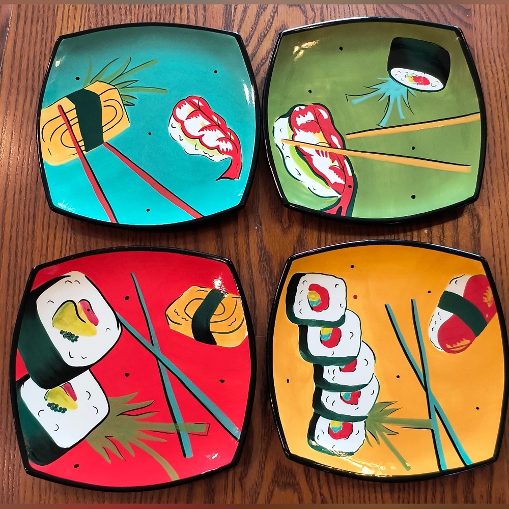 Vintage Clay Art Sushi Plates Set - Colorful Hand Painted Stoneware - Wasabi